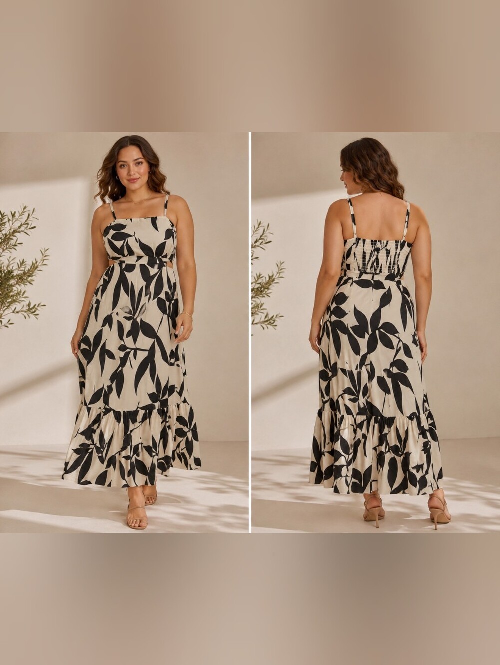 Women’s XL 14-16 Cream & Black Floral Maxi Dress Adjustable Straps Open Back New